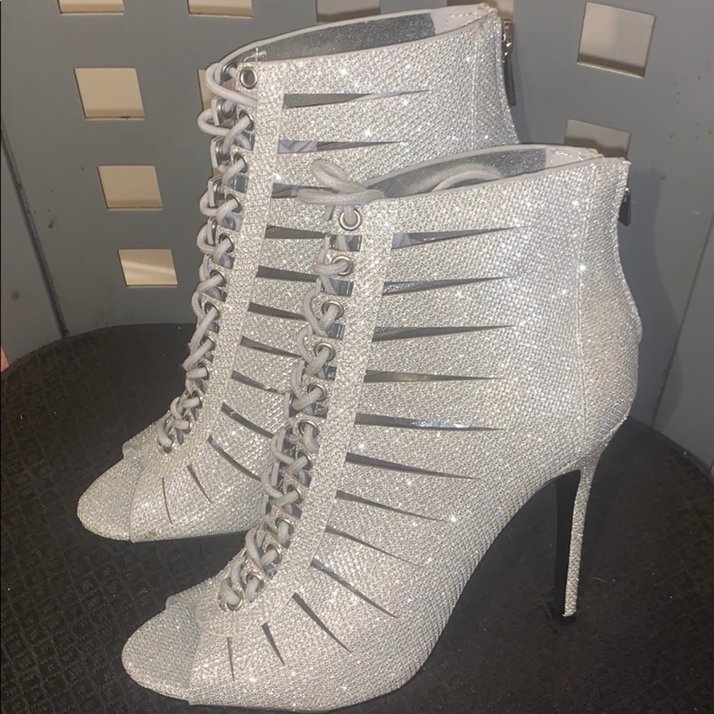 Silver glittery shiny heels w laces n zipper back